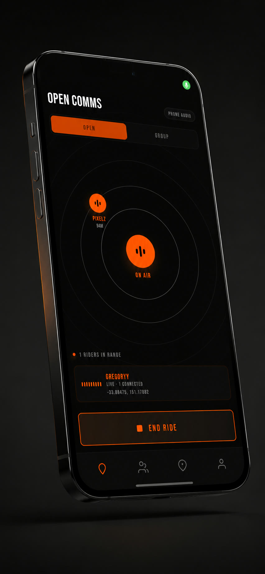 Open comms during a ride: riders in range placed around the live channel by distance, with the callsign, connection state and range of each one underneath.